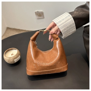 Women PU Leather Hobo Bag Retro Half Moon Shoulder Handbag With Gold Buckle Embossed Letter Minimalist Daily Fashion