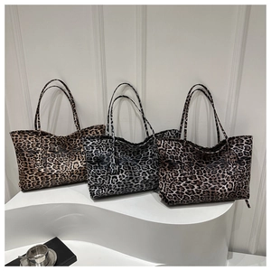 Three large capacity leopard print tote bags in brown grey and dark coffee colors