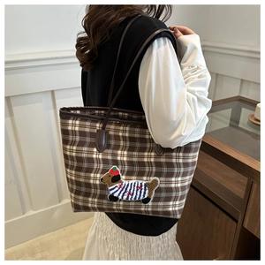 Sac cabas à carreaux pour femme avec broderie chien et lanières en cuir marron tendance