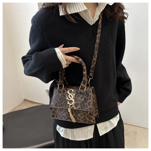 Close-up of leopard print crossbody bag with gold metal S-buckle and tassel detail