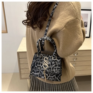 Detail of grey leopard print square bag with gold logo and tassel on a model
