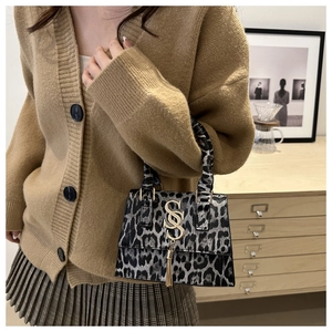 Detail of leopard print handbag with golden S-shaped buckle and elegant tassel charm