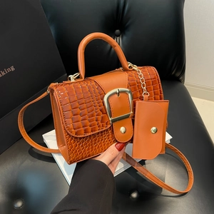 Women Fashion Crocodile Pattern PU Leather Handbag With Mini Pouch Gold Buckle Shoulder Crossbody Bag Retro Satchel Purse