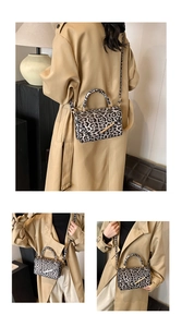 Detail view of leopard print crossbody bag with gold hardware and top handle shown on model