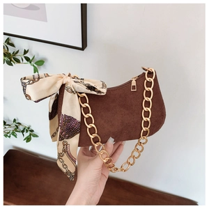 Sac Seau en PU Daim Vintage pour Femmes Avec Nœud en Écharpe Chaîne Dorée Sac à Bandoulière 2024 Mode Élégante