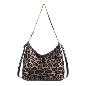 Vintage leopard print hobo shoulder bag with metal chain strap and half-moon silhouette