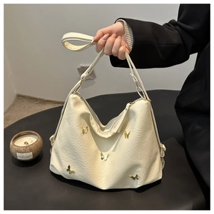 Women Large Capacity Hobo Bag PU Leather With Metal Butterfly Decor Fashion Retro Shoulder Tote Handbag