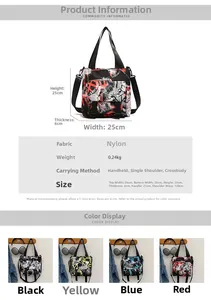 Detailed dimension guide for nylon graffiti messenger bag showing 25x25x6cm size specs