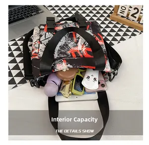 Detailed interior of nylon crossbody bag showing large capacity for tablet and umbrella