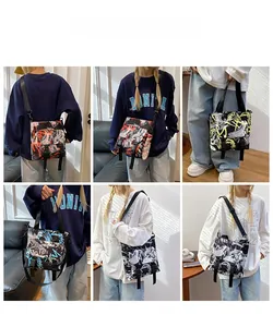 Collage of fashion crossbody messenger bags with graffiti print in various colors
