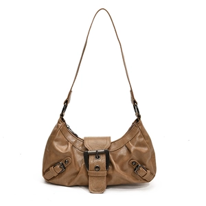Retro brown distressed leather crescent underarm bag with large metal buckles