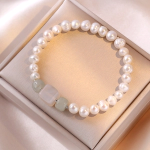 Freshwater Pearl Bracelet 925 Sterling Silver Jade Beads Elastic Adjustable Baroque Style Elegant Jewelry For Women
