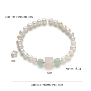 Elastic S925 freshwater pearl bracelet with green Hetian jade sugar cubes, 19cm length