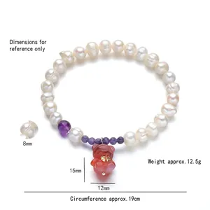 Bracelet perles d'eau douce S925 avec améthyste violette et breloque ours orange mignonne