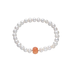 Elegant S925 sterling silver freshwater pearl bracelet with orange agate stone