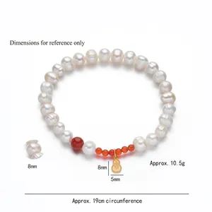 S925 silver freshwater pearl and red agate bracelet with a golden gourd charm