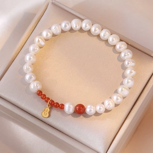 Freshwater Pearl Bracelet With S925 Sterling Silver Red Agate Gourd Pendant Fu Character Lucky Jewelry For Women