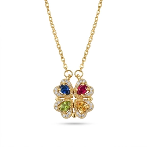 Gold four-leaf clover heart necklace with colorful pear-cut gems and diamond accents