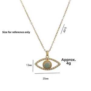 Detail of gold evil eye necklace with blue bead pupil and white stones, 40+5cm chain