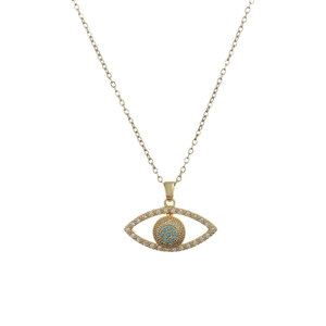 Golden Evil Eye pendant necklace for women with sparkling white crystals and blue beads