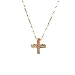 Collier croix en or serti de zircons arc-en-ciel sur une fine chaîne à maillons