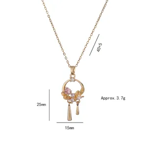 Pink gemstone pendant necklace with gold hollow flower design on 40+5cm chain