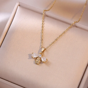Bee Pendant Necklace Stainless Steel Gold Plated Cubic Zirconia Animal Insect Jewelry For Women Elegant Gift