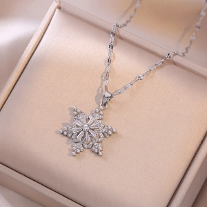 Rotating Snowflake Pendant Necklace Stainless Steel Zirconia Imitation Pearl Winter Christmas Jewelry Gift For Women
