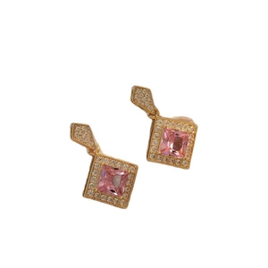 Elegant gold-plated pink geometric drop earrings with sparkling pavé cubic zirconia