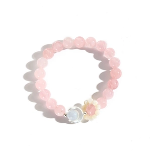 Elastic beaded bracelet with moon charm, rose quartz, aquamarine, and silver beads