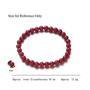 Natural cinnabar beaded bracelet with 6mm red round stones, 18cm length and 12.6g weight