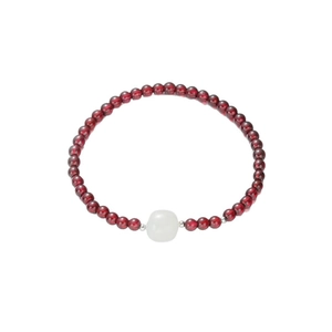 Elegant S925 silver garnet beaded bracelet with central white jade bead on white background