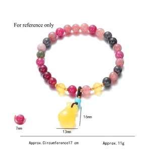 Colorful tourmaline crystal bead bracelet with a yellow jade lucky bag charm for women