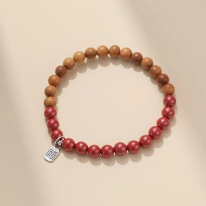 Bracelet en argent S925 avec perles de santal cinabre et pendentif caractère Fu