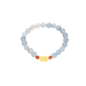 S925 silver beaded bracelet with translucent aquamarine and amber stones on white background
