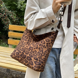 Leopard print faux suede tote bag with adjustable shoulder strap for women casual style