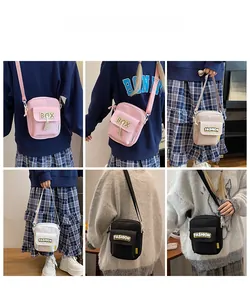 Collage showing four colors of small nylon crossbody bags on models for size comparison