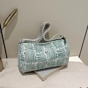 Women Large Capacity Nylon Tote Bag Korean Style Checkered Geometric Texture Wide Shoulder Strap Casual Crossbody Bag