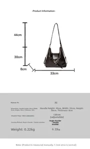 Detailed dimension chart showing a vintage brown PU leather tote bag with sizing data