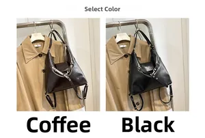 Detail view of large PU leather tote bag in coffee and black with adjustable straps