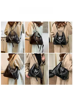 Multi-angle view of vintage black leather tote backpack with dual-use shoulder straps