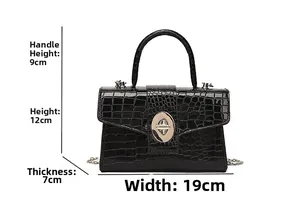 Detailed dimensions of black crocodile pattern faux leather handbag with silver chain