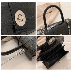 Close-up of black crocodile pattern patent leather handbag with silver metal hardware