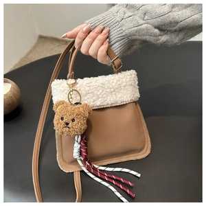 Women Lamb Wool Sherpa Suede Crossbody Bag Autumn Winter Faux Leather Small Bucket Shoulder Bag With Cute Bear Charm