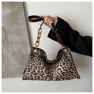 Women Retro Leopard Print Tote Bag Fashion Large Capacity Shoulder Bag With Amber Acrylic Chain Urban Chic Handbag