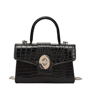 Glossy black faux crocodile leather handbag with silver rotating lock and chain strap