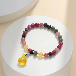 Natural tourmaline crystal bracelet with colorful beads and yellow gourd pendant decor