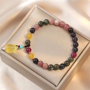 Multicolor natural tourmaline and agate bead bracelet with a yellow teardrop charm