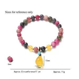 Natural tourmaline bead bracelet with amber teardrop pendant and turquoise accent