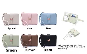 Detailed view of women's PU leather short wallets showing dimensions and various colors